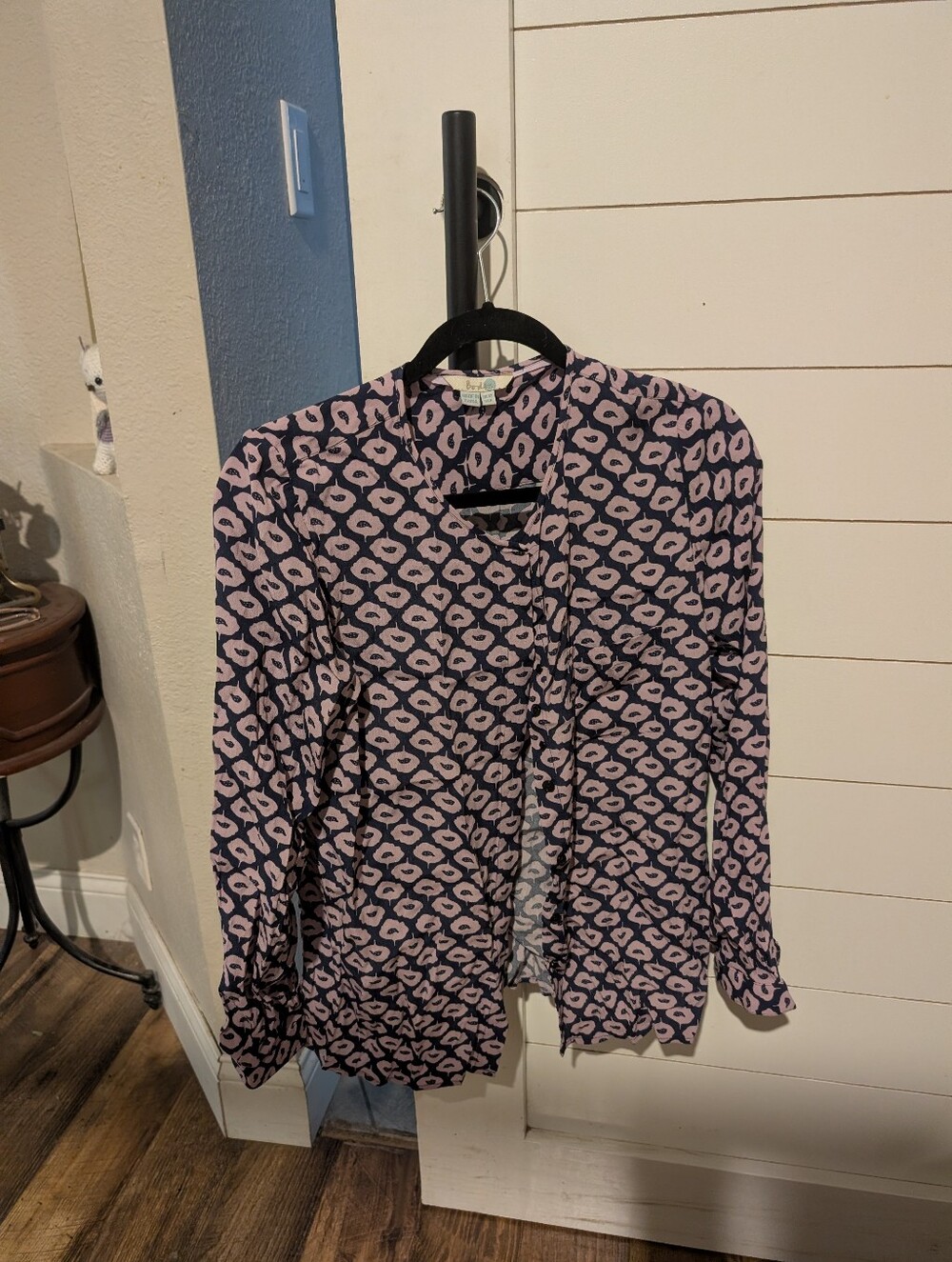 Boden Button Down Navy Blouse with Pink Print- UK Size 12 (US Size 10)